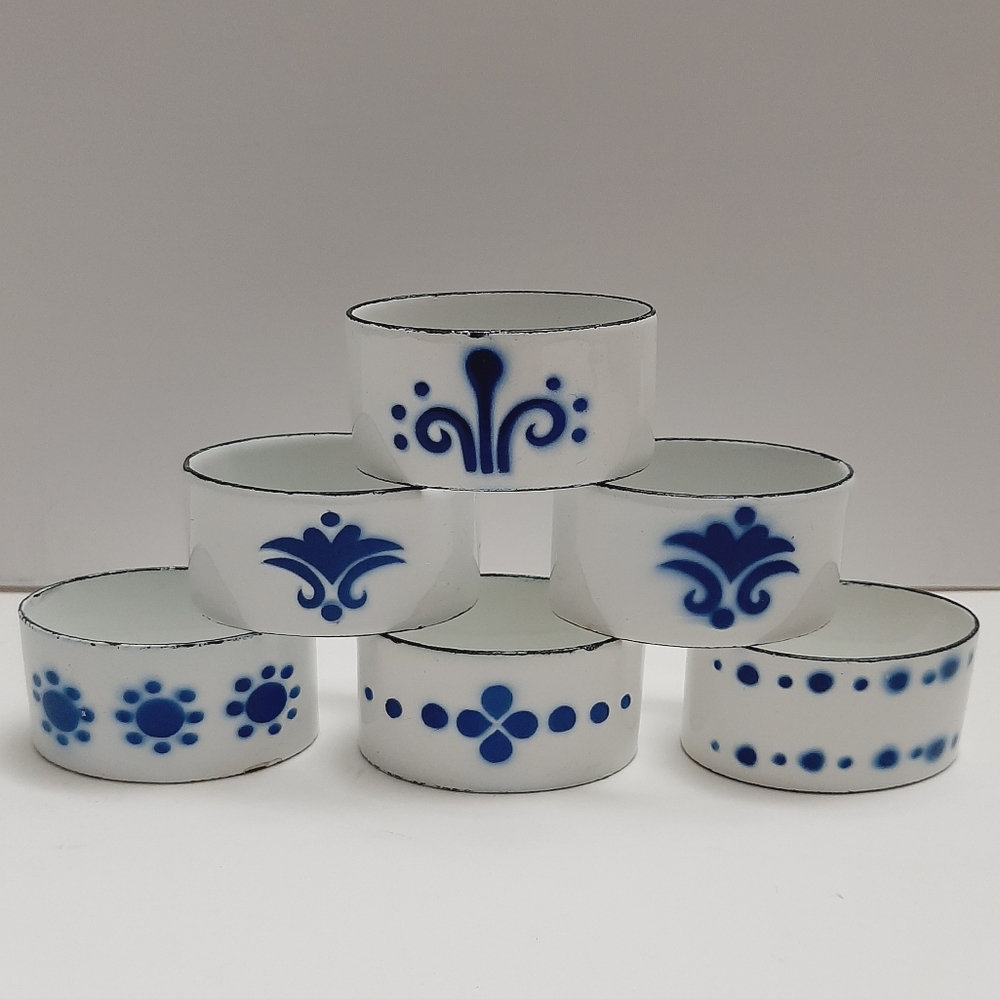 🍒 Enamel Set of 6 Metal Oval Napkin Rings White & Blue Shabby Chic Cottagecore